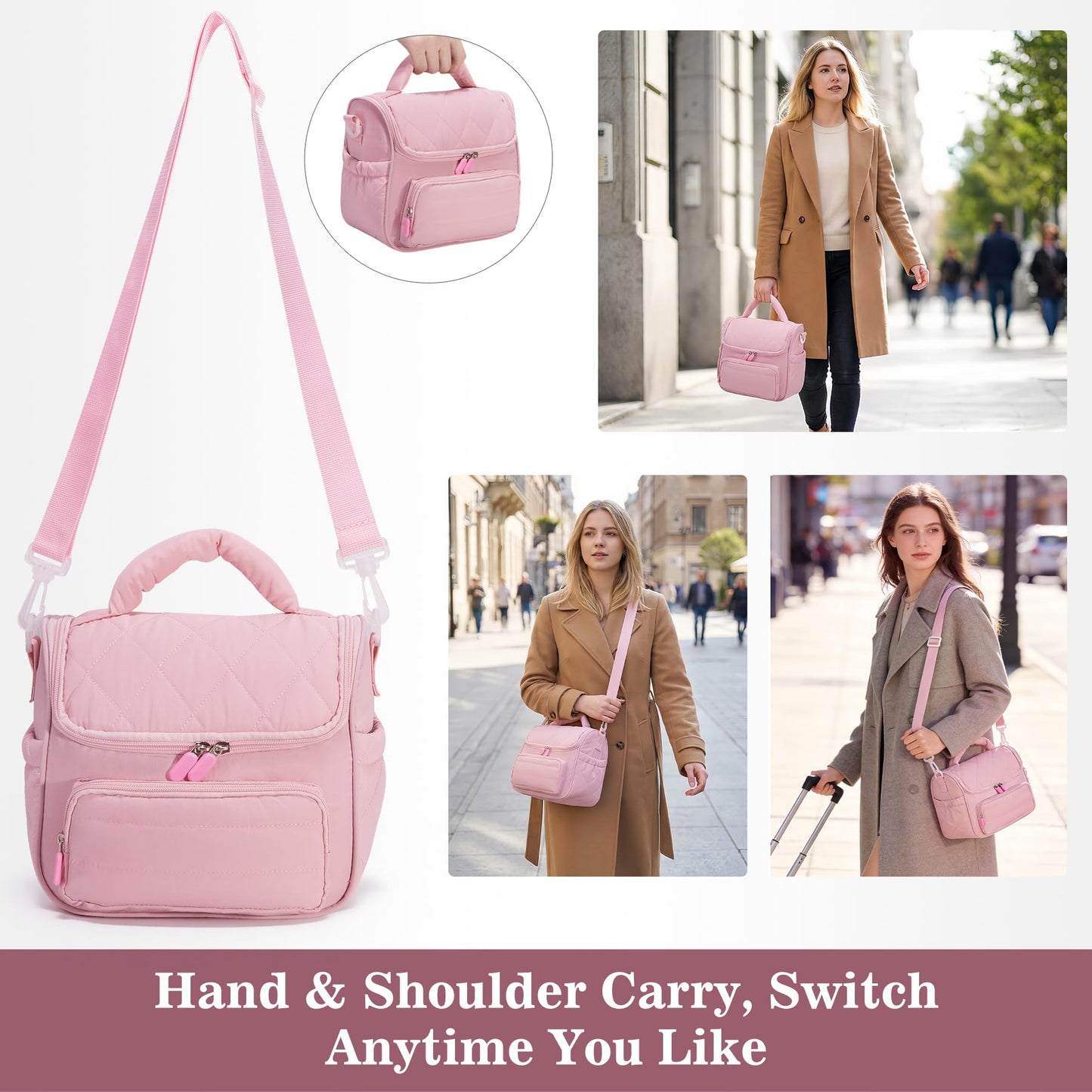 HASHMUST Lunch Bag for Women Adults, Portable Insulated Puffer Lunch Tote Bag, Reusable Leakproof Lunch Box Cooler with Handles For Work Picnic Travel Trip - Pink