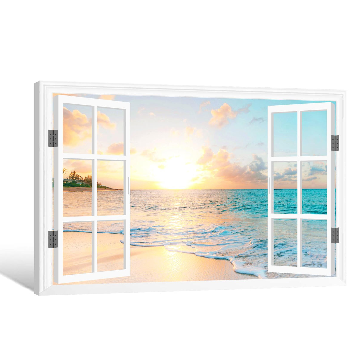 Goldfoilart Ocean Beach Sunset Canvas Wall Art for Bedroom Window Pictures Seagull Seascape Paintings Coastal Picture Framed Artwork for Bathroom Living Room Office Decor 36" x 24"