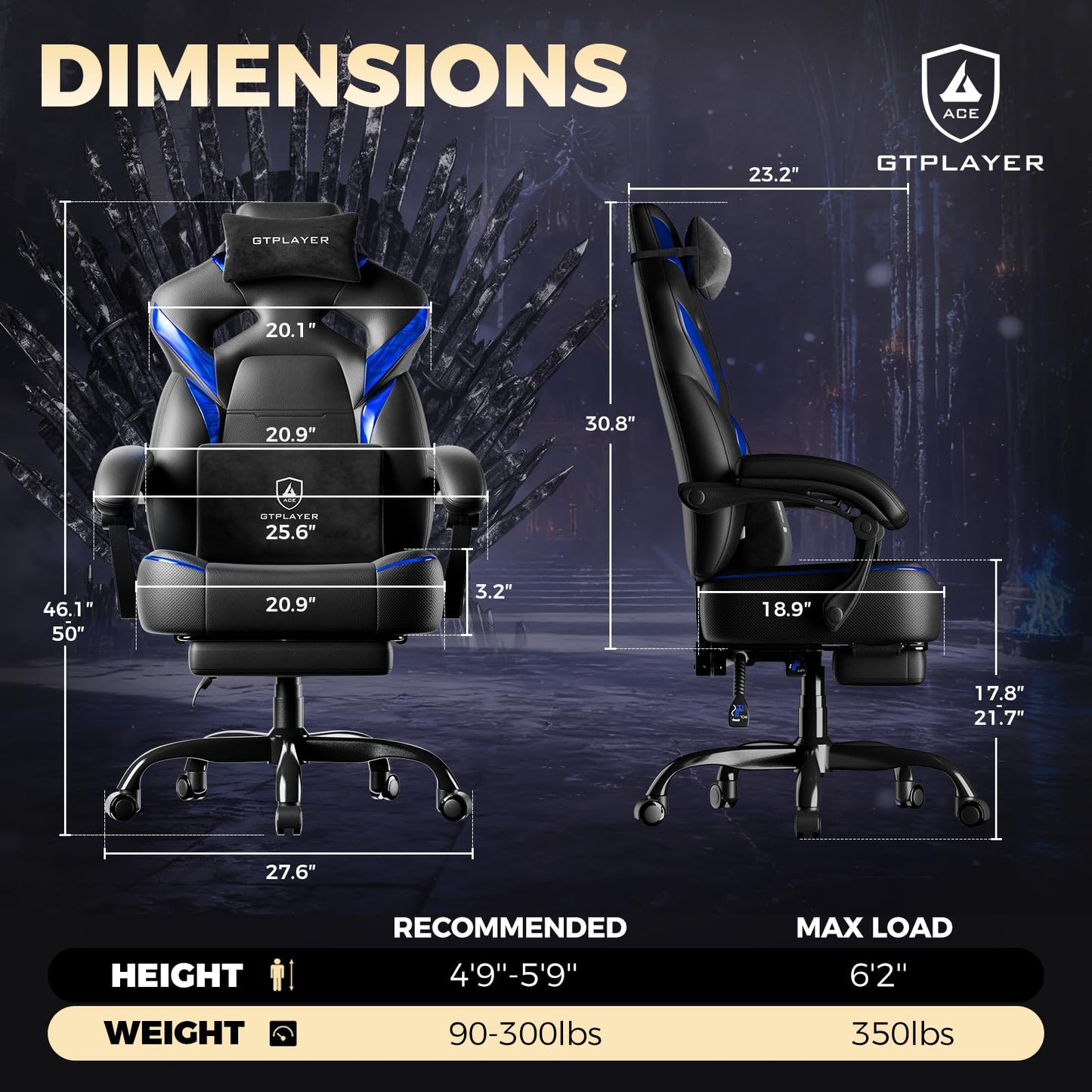 GTPLAYER Big and Tall Gaming Chair for Adults, Ergonomic Office Chair with Footrest, Heavy Duty 350 lbs Capacity, High Back, Premium Leather & Iridescent Trim, ACE-Armor, Black & Blue
