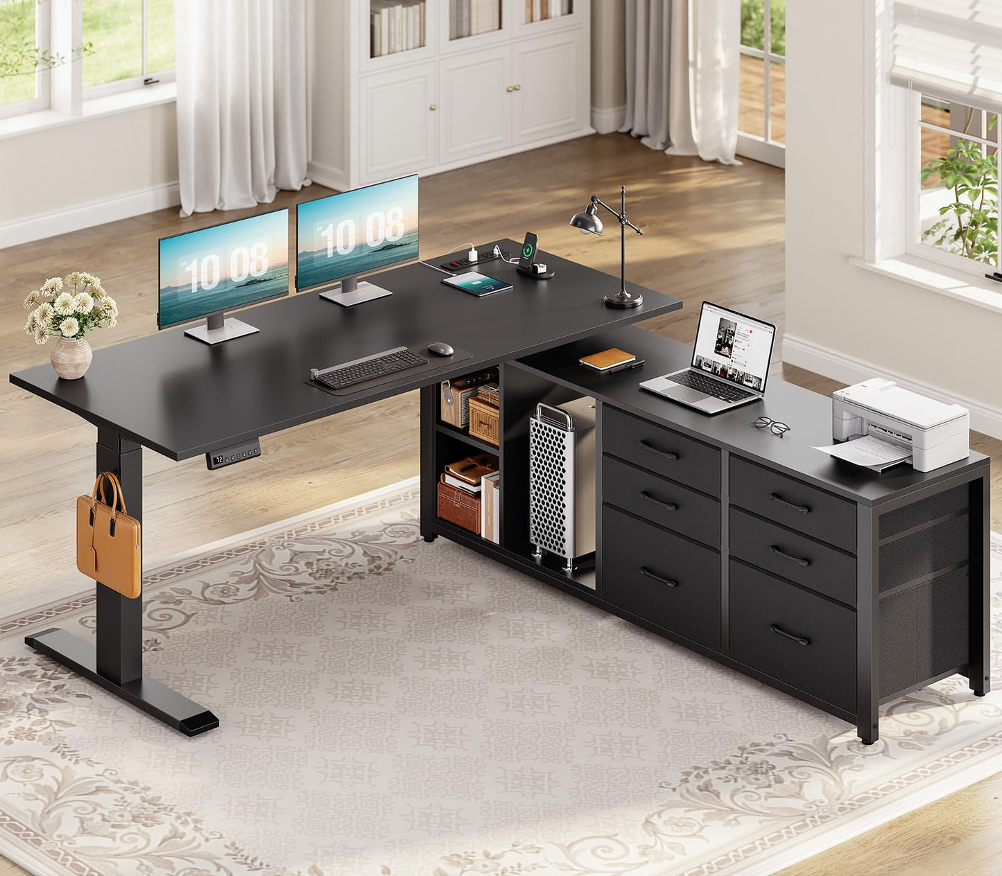 SEDETA L Shaped Electric Standing Desk, 55" x 55" Height Adjustable Office Executive Desk with 6 Fabric Drawers and Storage Shelves, Sit Stand Computer Desk with Power Outlet for Home Office (Black)