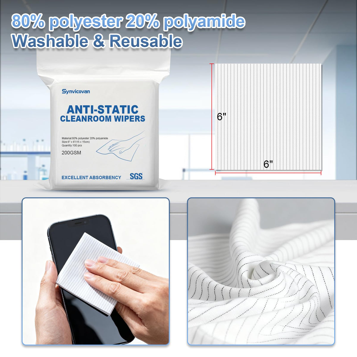 Synvicovan Anti-Static Microfiber Wipes 6"x6"(100 Pcs,Class 100, 200GSM) Lint Free Cloths Reusable Special ESD protection design is suitable for protecting sensitive electronic components and tools