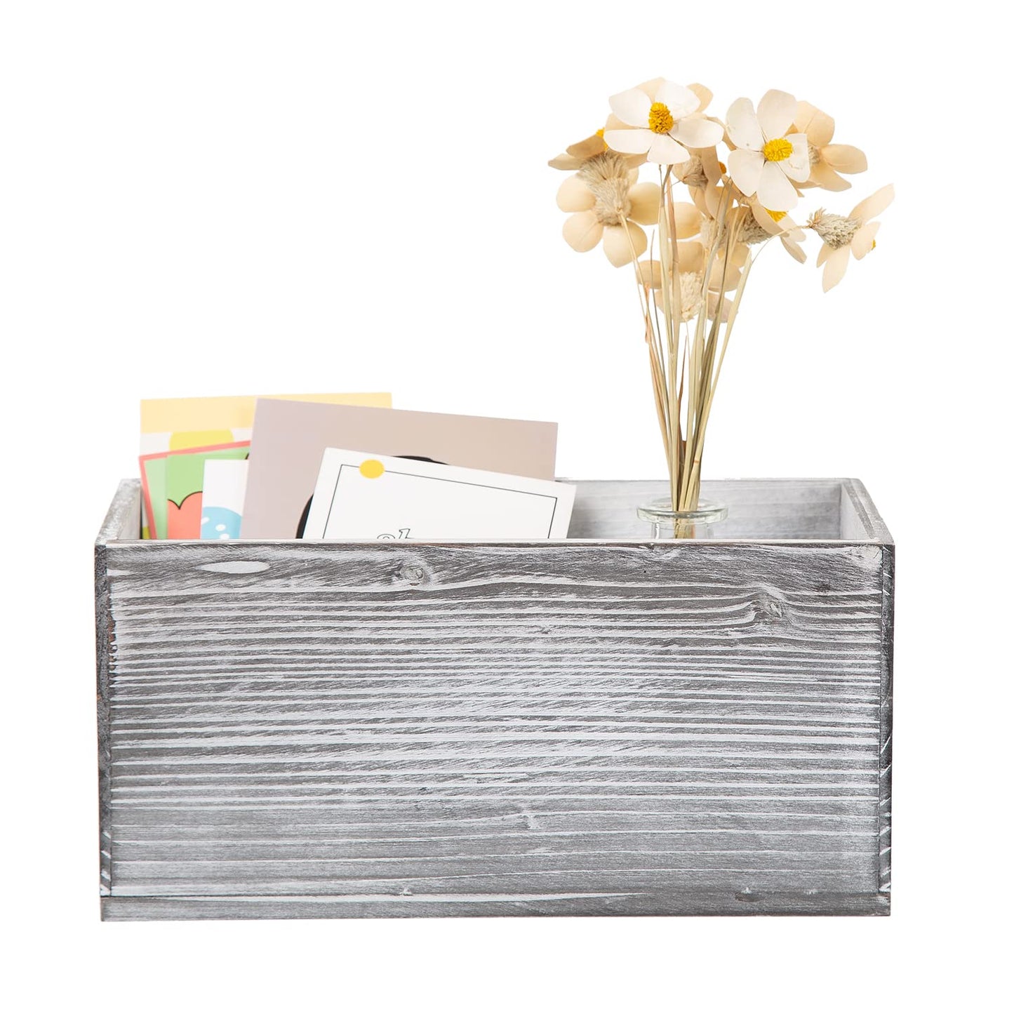 ExoLiry Rustic Gray Wood Mail Box Storage Holder File Organizer Tabletop Wooden Basket Letter Script Design Envelope Folder Decorative Container Desktop Home Office Entryway Bedroom Living Room