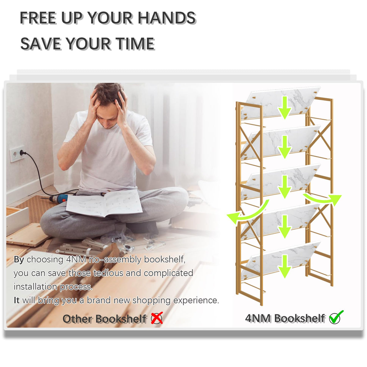 4NM 5 Tiers No Assembly Book Shelves, 51.2" H Folding Bookshelf Bookcase Open Industrial Foldable Shelves for Bedroom, Living Room, Home Office - White Gold