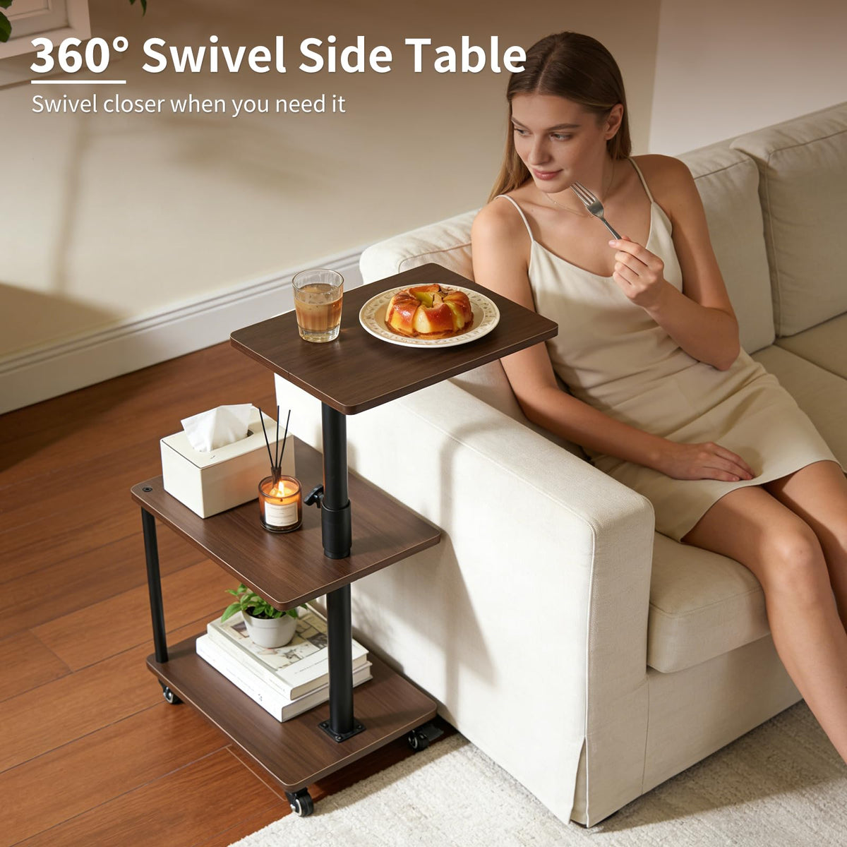 Bingyouth 360° Swivel Side Table with Storage, Height Adjustable, Smooth-Rolling Wheels, C-Shaped End Table for Couch/Sofa, Recliner, Living Room, Walnut-Look