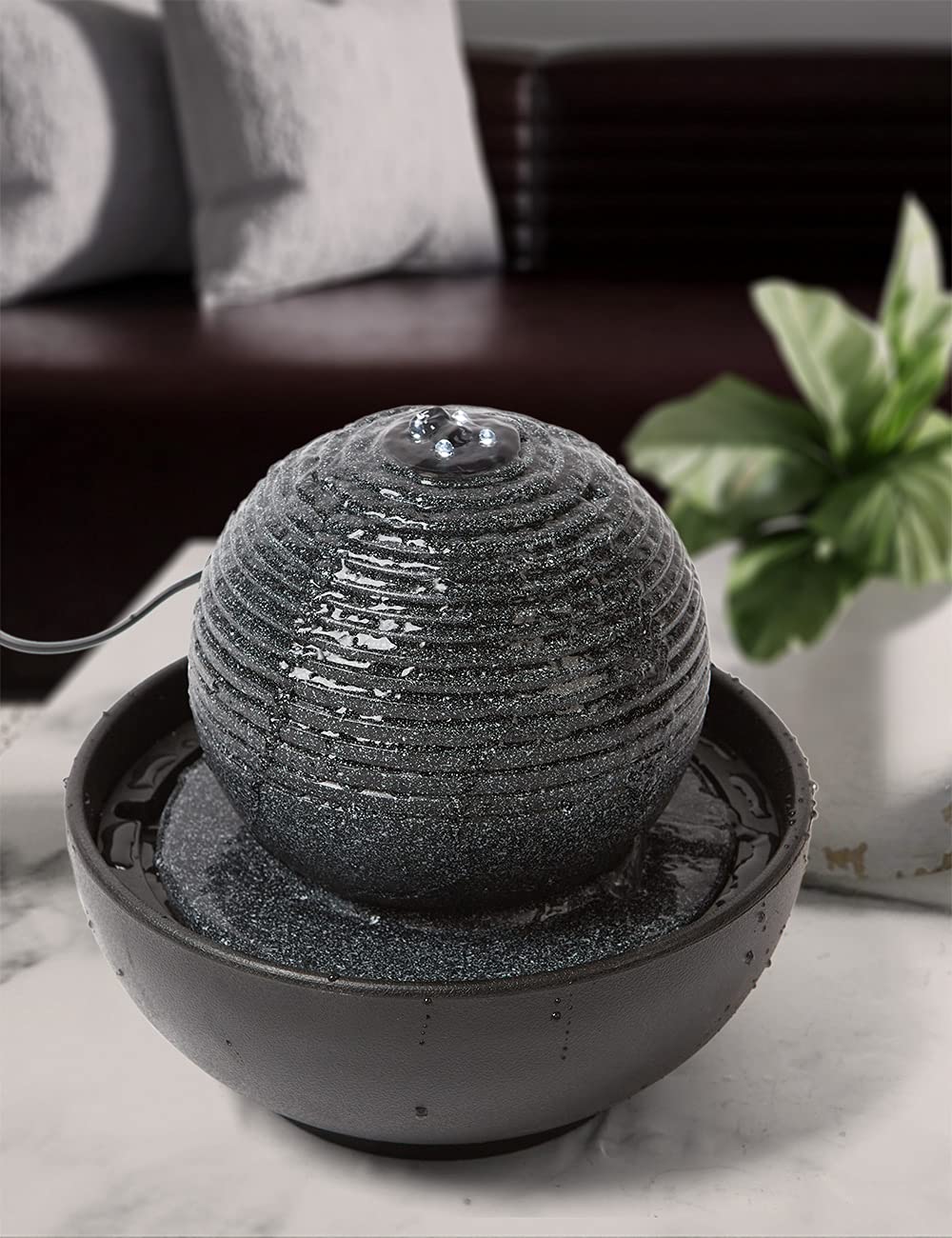 SEINHIJO Indoor Water Fountain Tabletop Fengshui Waterfall Modern Decor Gift for Desk Office LED Lights 9.0 Inch