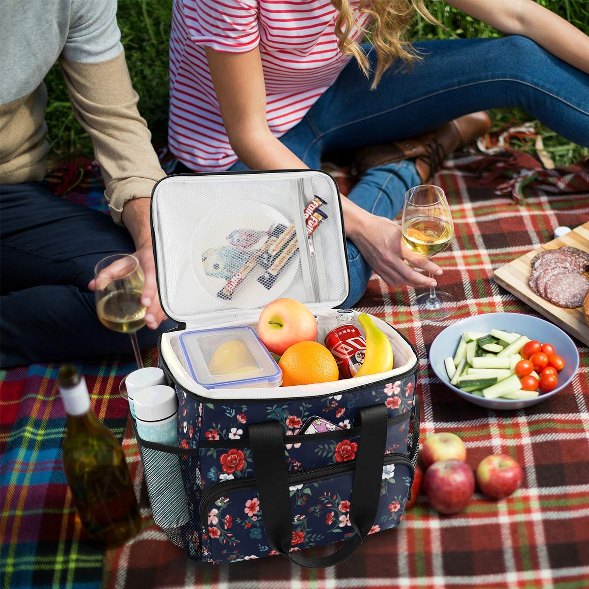JUMBEAR 15L Leakproof Reusable Insulated Cooler Lunch Bag Office Work Picnic Hiking Beach Lunch Box Organizer with Adjustable Shoulder Strap, Rose Floral