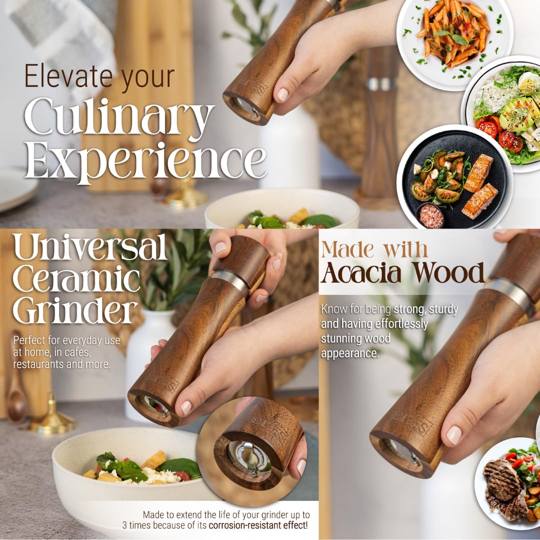Acacia Wood Salt & Pepper Grinder Set – 8" Manual Adjustable Mills – Wooden Pepper Mill Gift Set with Funnel, Spoon & Brush – Eco-Friendly Kitchen Spice Grinder