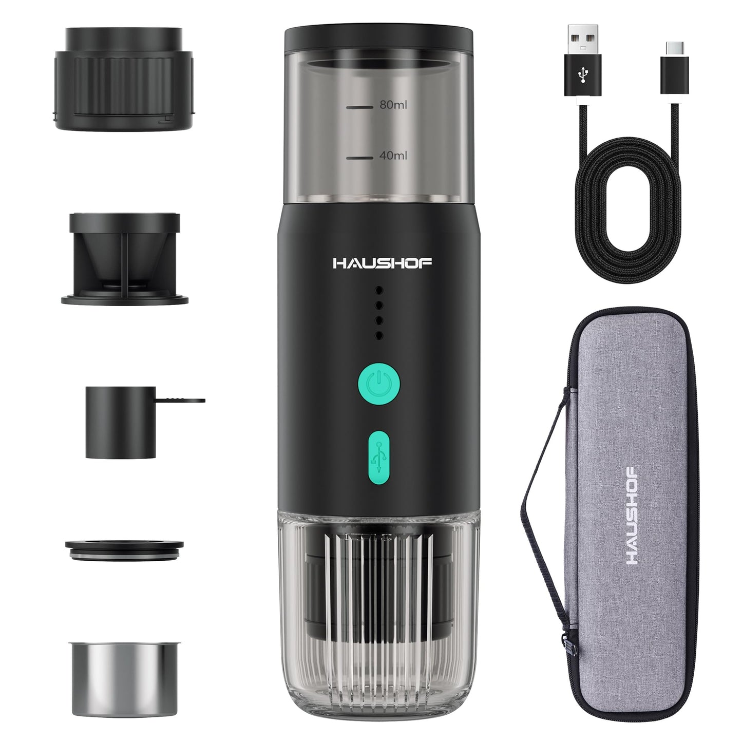 HAUSHOF Portable Electric Espresso Machine, 20 Bar Fast Heat-Up Travel Coffee Maker, USB-C Rechargeable Compatible with Ground Coffee & NS Capsules, for Car, Camping, RV, Hiking & Office