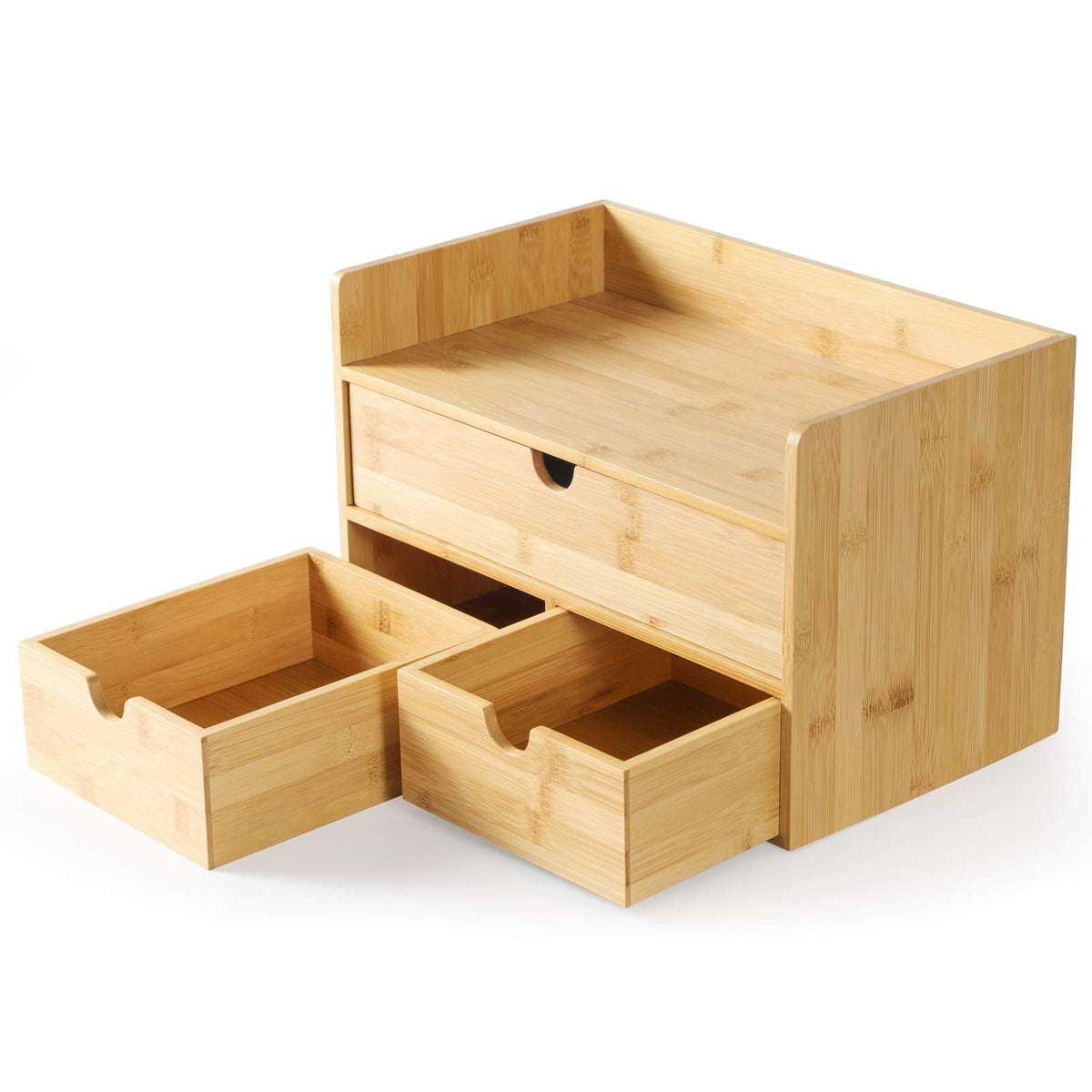 Desk Organizer with Drawers - Bamboo Desktop Organizers Storage | Wood Makeup Organizer for Bills, Office Supplies, Cosmetics, Seals, Kitchen Utensils, No Assembly Required