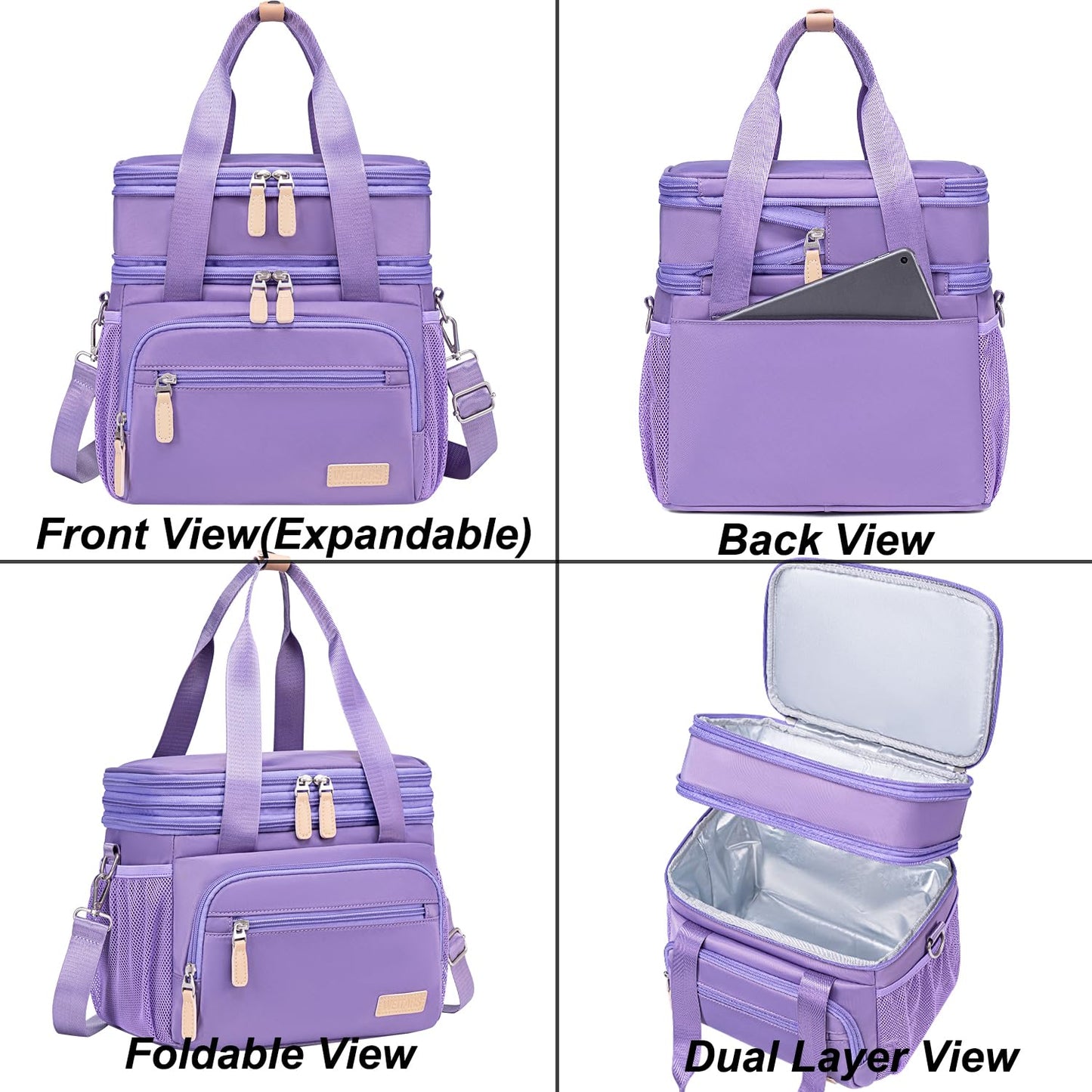 Weitars Insulated Lunch Box for Women Men-Dual Compartment Waterproof Reusable Large Lunch Bag Wide-Open Tote Cooler Bag For Working Picnic Hiking (15L) (Purple)