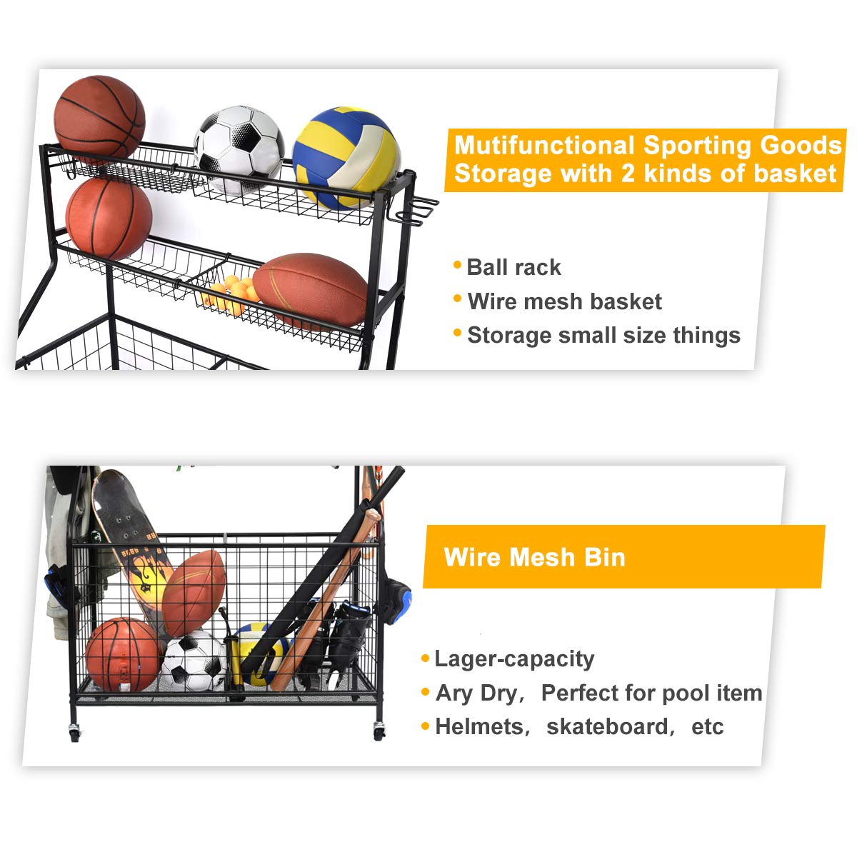 Kinghouse Sport Equipment Organizer for Garage, Steel Basketball Rack with Baseball Bat Holder and Hooks, Easy Assembly Storage for Balls, Kids' Toys, and Workout Gear in Basement, Home Gym, Outdoor