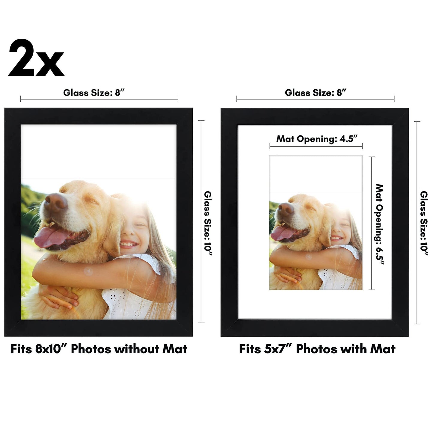 Americanflat 8x10 Picture Frame with Shatter-Resistant Glass - Set of 2 - Use as 5x7 Frame with Mat or Display 8x10 Photo Without Mat - Signature Collection - Photo Frames for Tabletop or Wall - Black