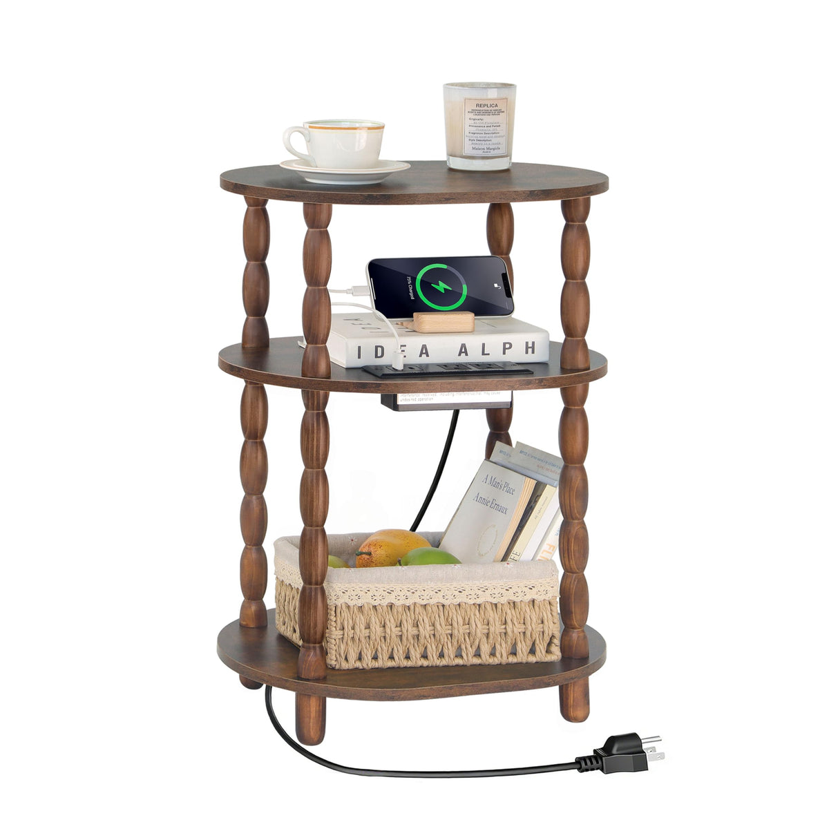 MaxSmeo Side Table with Charging Station, 3-Tier Small End Table with USB Ports and Outlets, Modern Oval Night Stand Accent Table for Living Room, Bedroom, Rustic Brown