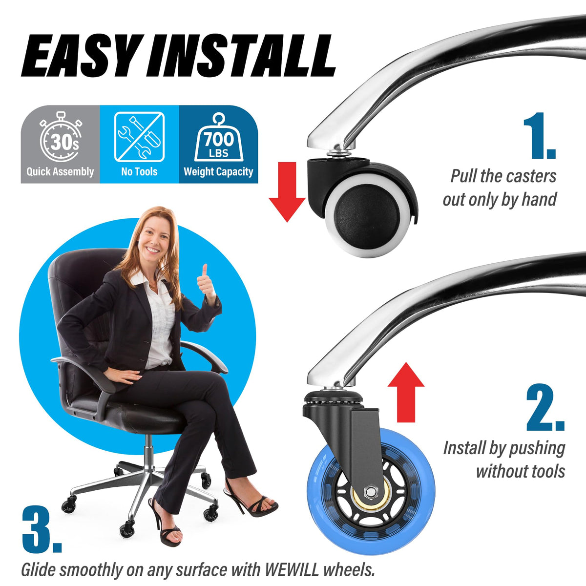 WEWILL Office Chair Wheels - Rubber Casters Replacement Universal Fit 98% Chair(Set of 5) Heavy Duty 3 Inch Smoothly & Quietly Safe for All Floor, Hardwood, Tile, Carpet, Noise Free - Blue