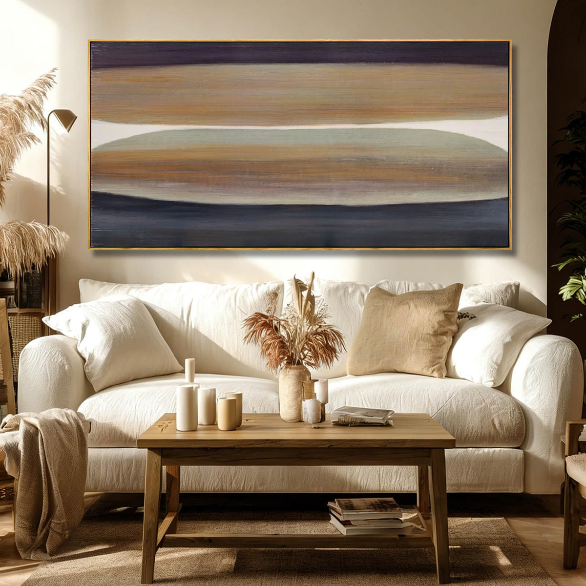 Neutral Brown and Black Abstract Wall Art 24x48 Inch, Large Framed Canvas Prints with Wooden Frame, Modern Minimalist Home Decoration for Bedroom Living Room or Office
