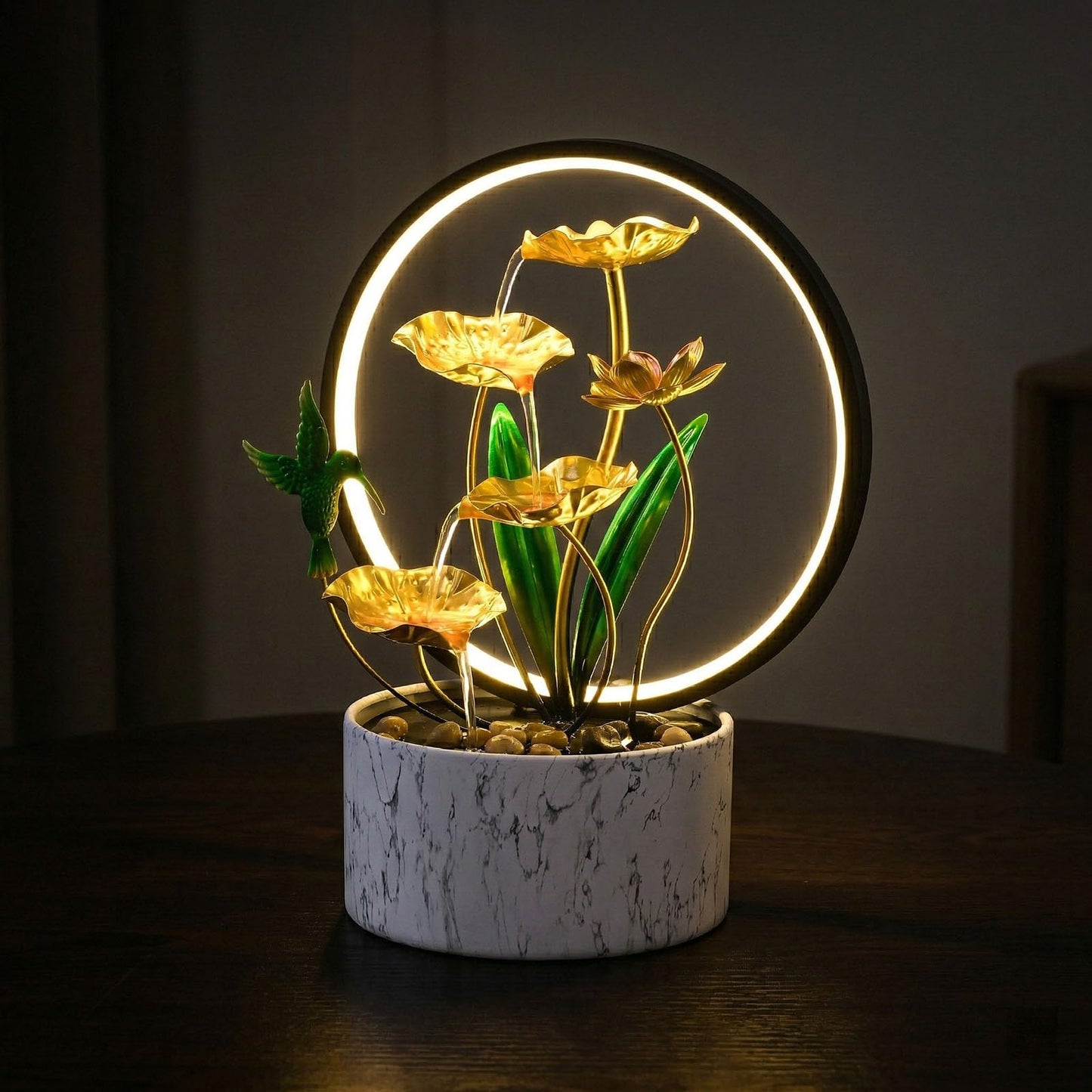 Romway 15" H Indoor Modern Tabletop Water Fountain LED Light, Yoga Meditation Room Mother's Day Decor Lotus Flower Floor-Standing Fountain