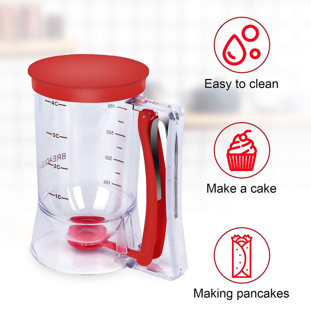 BBSTARZ Pancake Batter Dispenser – 4-Cup Batter Dispenser with Squeeze Handle & Measuring Marks for Pancakes, Waffles, Muffins, Crepes & Cupcakes – Baking Tool(Red)