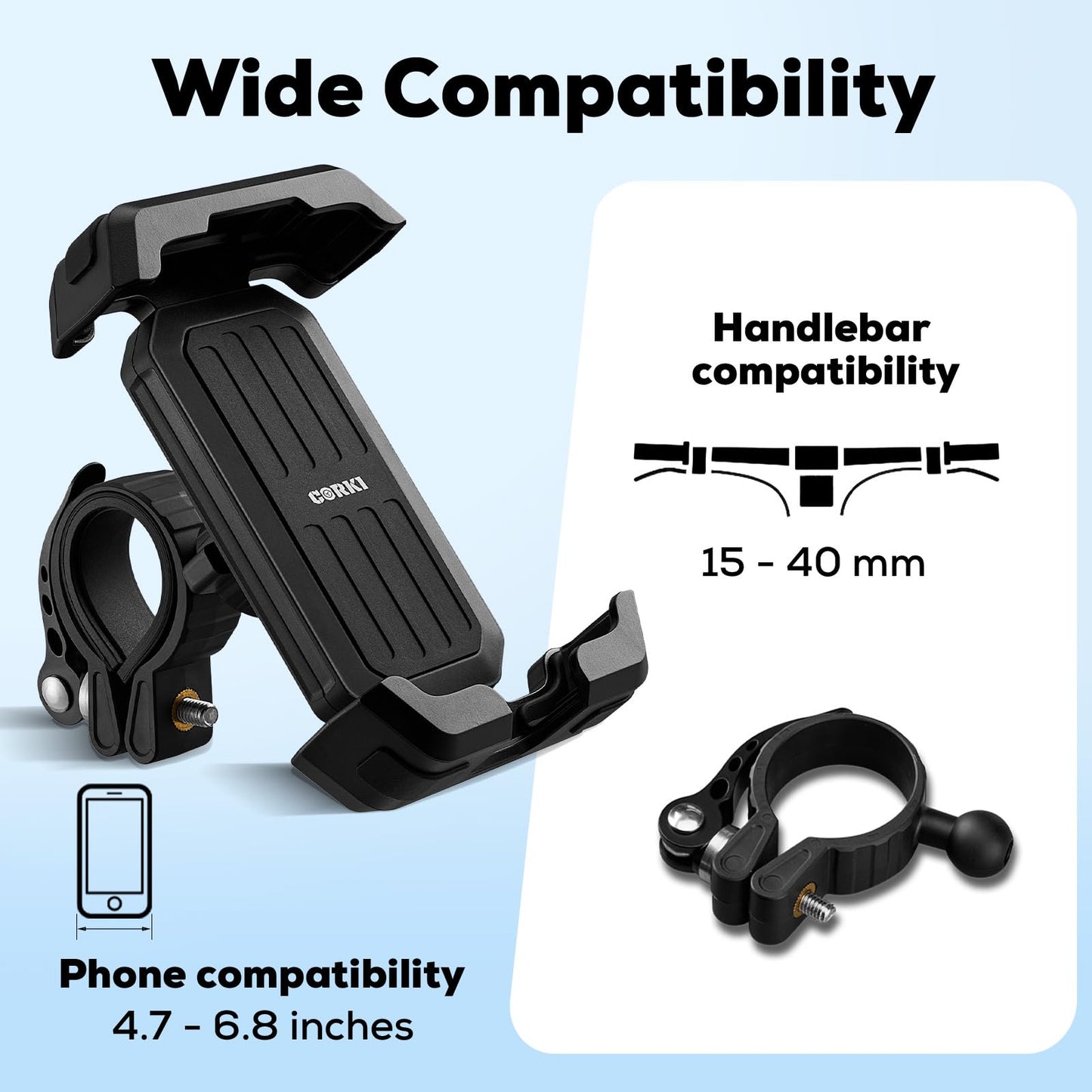 corki Bike Phone Holder Universal Motorcycle Phone Mount with 360° Rotatable Locking Mechanism & Heavy-Duty Handlebar Cradle for Bicycle Ebike Scooter, Fits iPhone & Smartphones