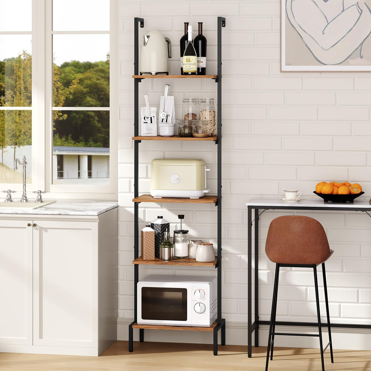 MAHANCRIS Ladder Shelf, 5-Tier Bookshelf, Ladder Bookcase with Wall Mount, Heavy Duty Industrial Style Storage Rack for Living Room, Office, Kitchen, Bedroom, Rustic Brown and Black LSHR5501