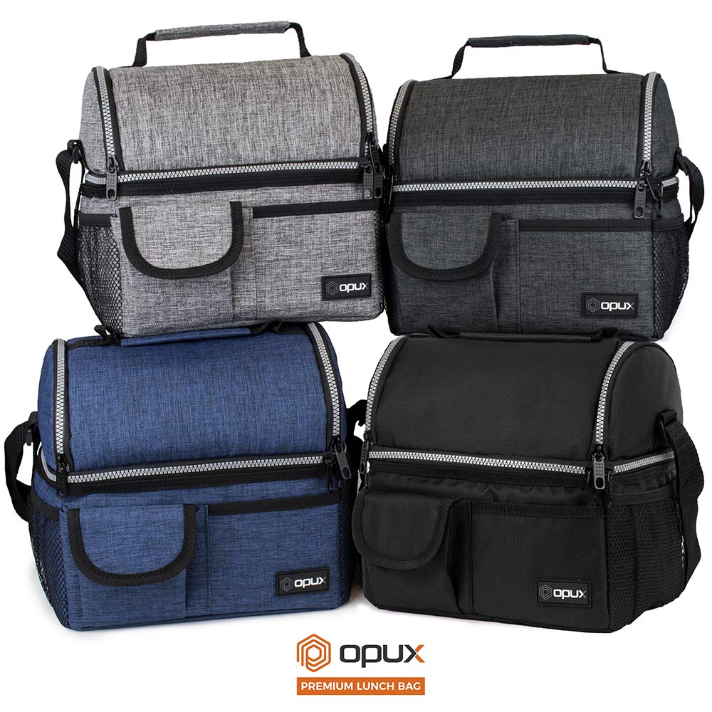 opux Insulated Lunch Bag Women Men, Dual Compartment Leakproof Lunch Box Adults Kids, Double Decker Meal Prep Bento Lunch Cooler Tote with Shoulder Strap for Work Office School Travel, Dark Gray
