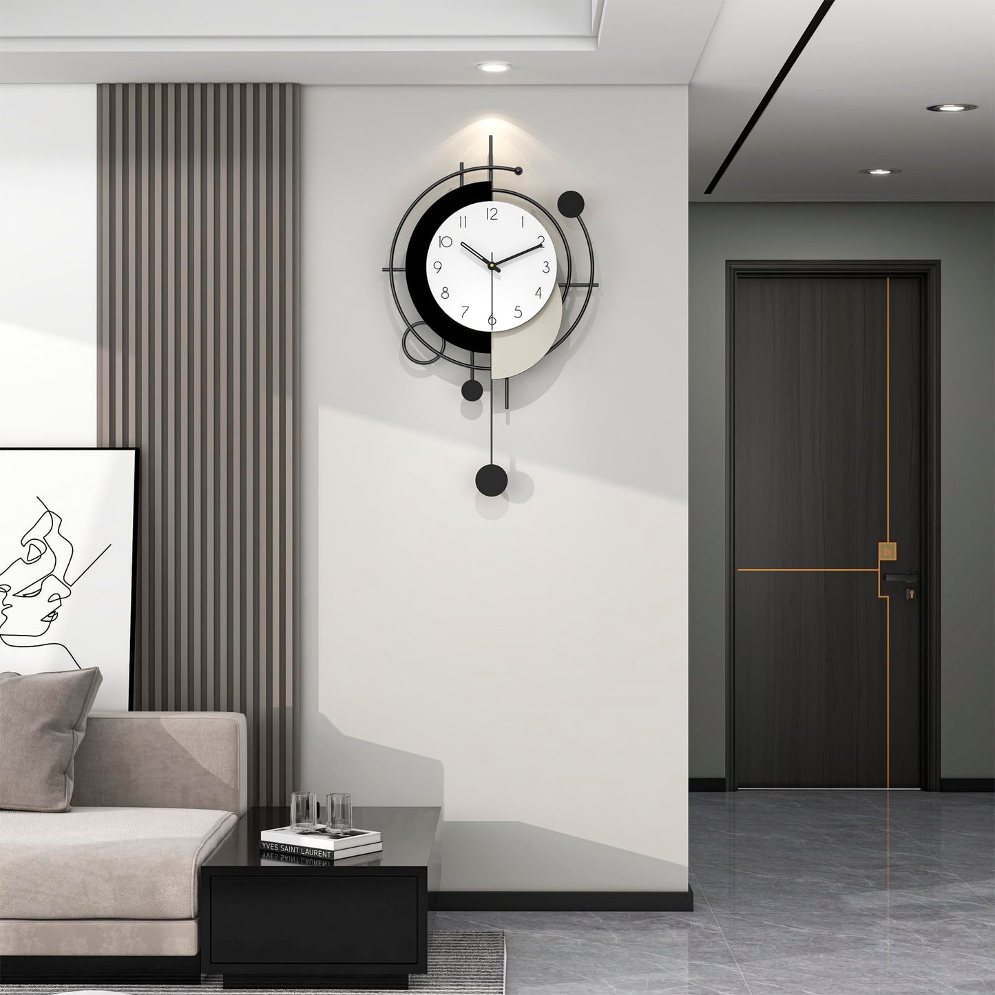 JTWALCLOCK Large Wall Clock for Living Room Decor Modern Decorative Black Wood Wall Clock with Pendulum Battery Operated Non Ticking for Kitchen Bedroom Office 23 Inch Big Silent Art Clock for Home