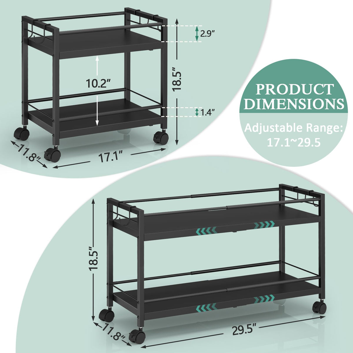 2-Tier Expandable Rolling Pantry Cart with Wheels, Adjustable Floor Organizer for Kitchen Pantry, Can Organizer for Pantry, Storage Cart for Snack, Food, Vegetables, Black, Patent Pending