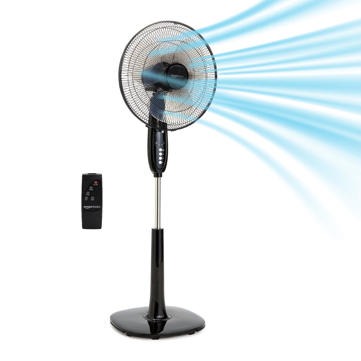 Amazon Basics 16" Pedestal Fan with Remote for Bedroom, Living Room, Office, Adjustable Height, Dual-Layered Blades, 3 Speeds, 3 Modes, Timer, Tilt Head, 60W, Black