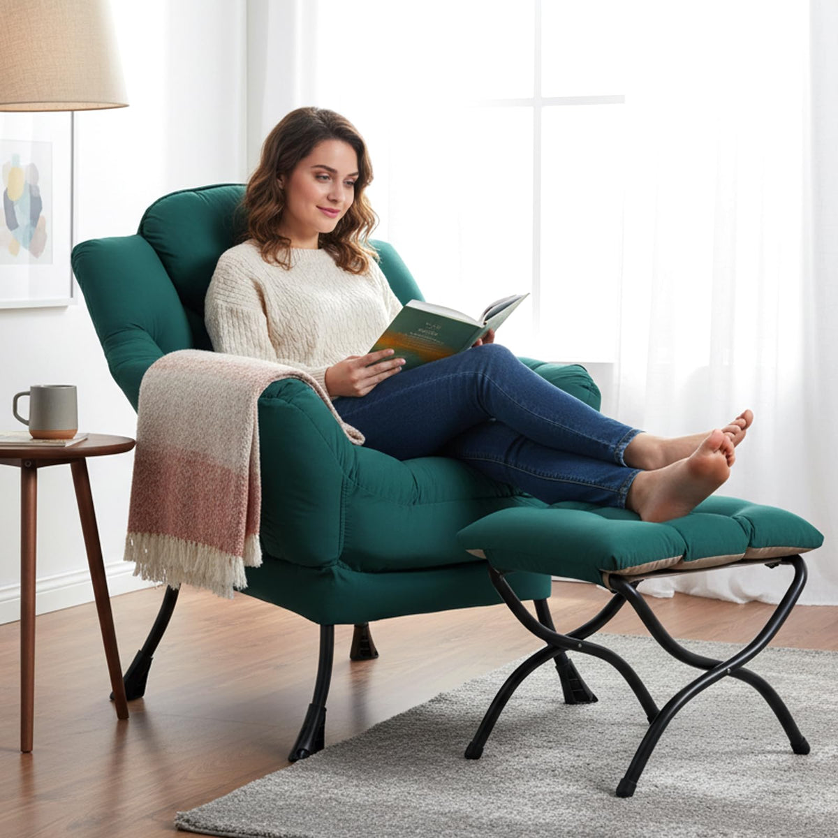 SESHINELL Lazy Chair with Ottoman, Modern Accent Chair Contemporary Sofa Chair with Armrests, Reading Chair and Folding Footstool Set for Living Room, Bedroom, Office