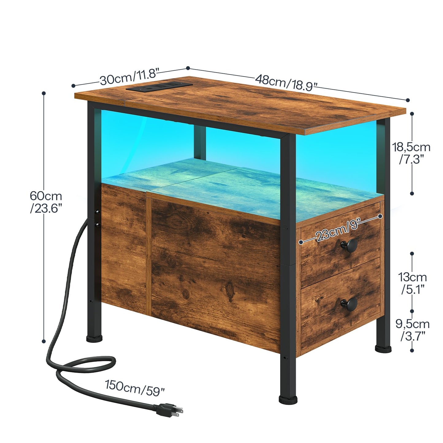 HOOBRO End Table with Charging Station & Led Light, Narrow Side Table with 2 Drawers & USB Ports & Power Outlets, Nightstand for Small Spaces, for Living Room, Bedroom, Rustic Brown Black BF436UDBZ01