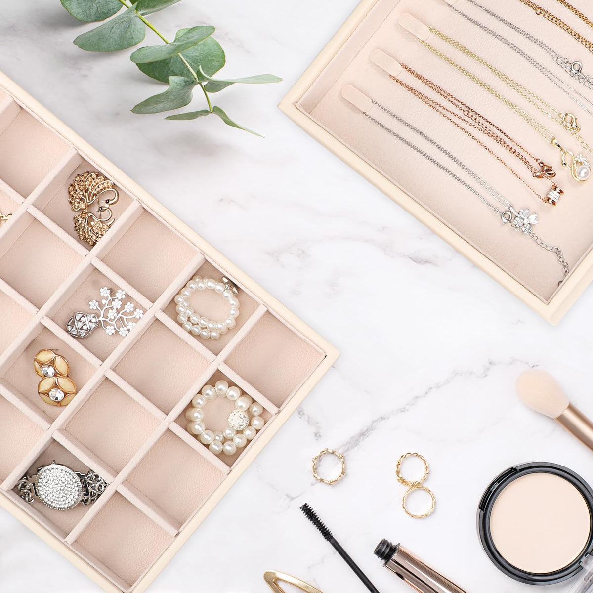 Voova Stackable Jewelry Organizer Tray with Lid, PU Leather Jewelry Storage Holder for Drawer Inserts, Jewellery Display Box Case for Earring Necklace Ring Watch Bracelet (Set of 4, Apricot)