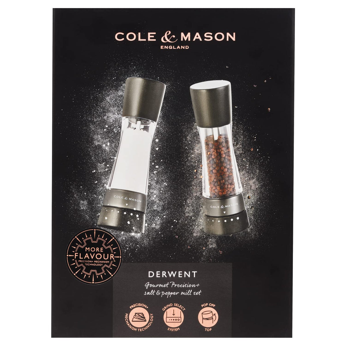 Cole & Mason H332293 Derwent Black Wood Salt and Pepper Mills, Gourmet Precision+, Adjustable Grind, Stained Beech/Acrylic, 190 mm, Gift Set, Includes 1 Salt and 1 Pepper Grinders