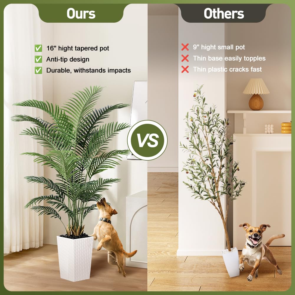 VeriNatural 6FT Artificial Palm Tree - Tall Fake Tree with White Taper Planter & Pebbles, UV Resistant for Indoor & Outdoor Decor - Large Potted Faux Plant for Living Room, Office, Home Decor,VN130