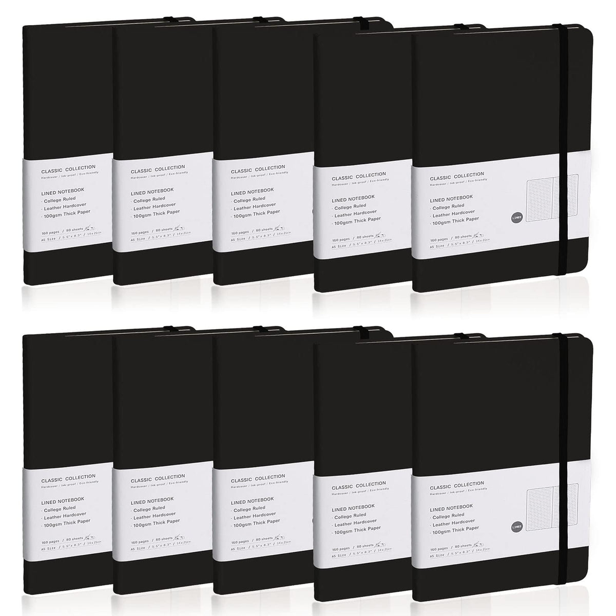 EMOMAS Lined Journal Notebook, 10Pack Hardcover Notebook for Men & Women – Journals for Writing, Work, School, Home & Daily Notes, 160 Pages – Medium A5, 5.7"x8", 100 gsm Thick Paper (Black)