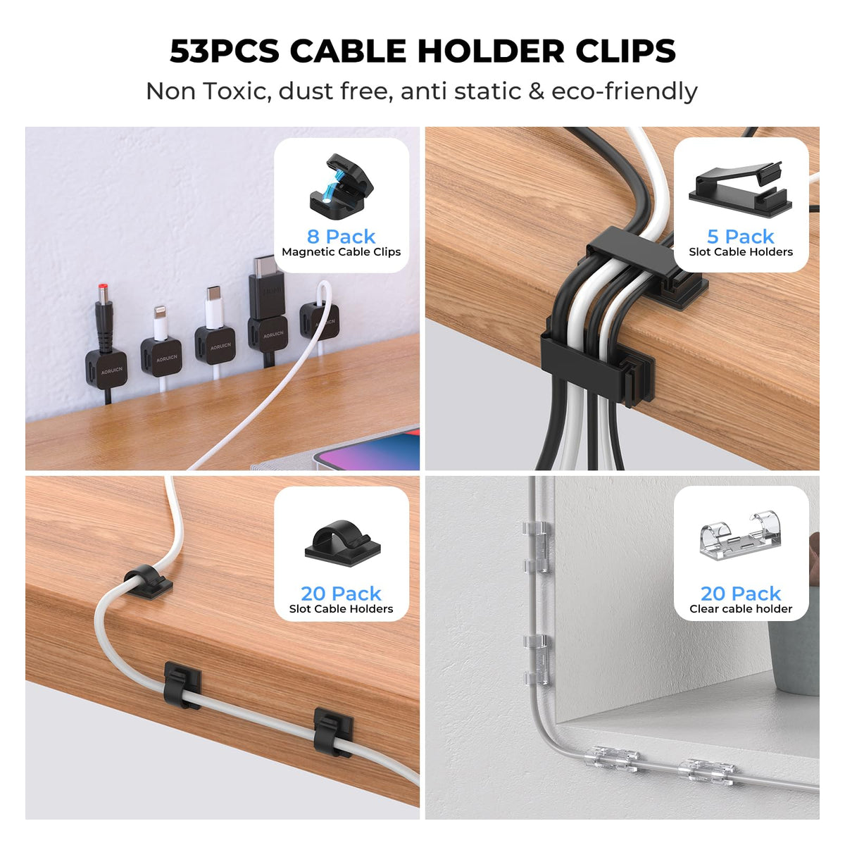 AORUICN Cable Management Organizer Kit, Desk Cable Organizer, Cable Management Under Desk, Wire Management and Cord Organizer for Home, Office, Standing Desk