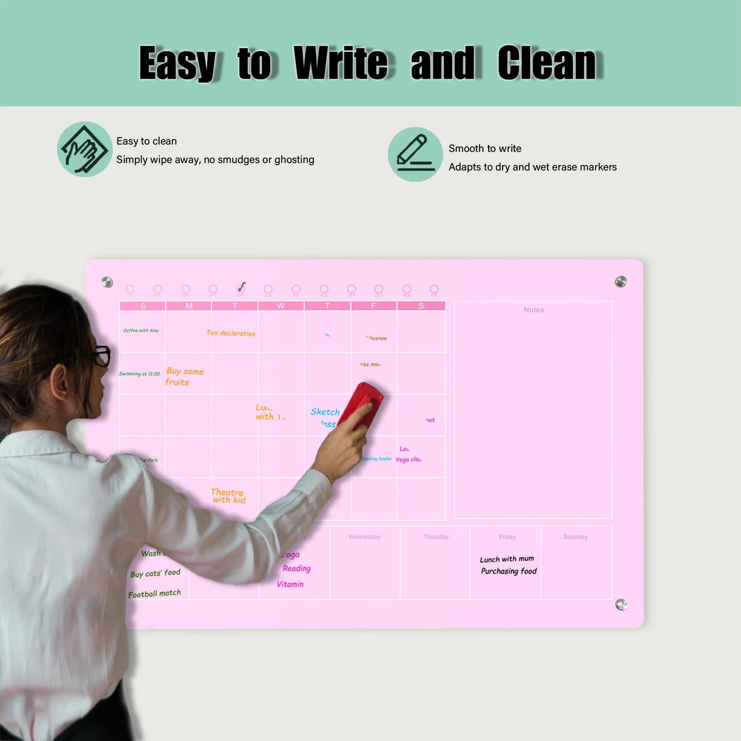 Marribol Large Acrylic Calendar for Wall,24"X16",Acrylic Dry Erase Calendar for Wall,Pink Dry Erase Board for Home/Office