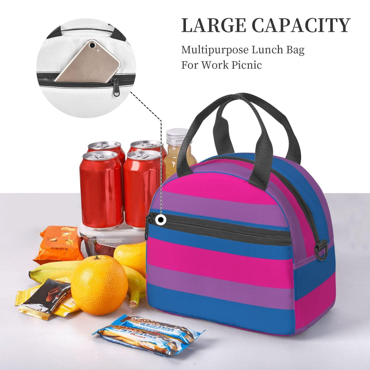 RISOIU Bisexual Pride Flag Lunch Box Insulated Lunch Bag Portable Zipper Cooler Tote Bag Adult Bento Box for Women Men Reusable Meal Organizer with Adjustable Strap for Work Office Picnic Travel