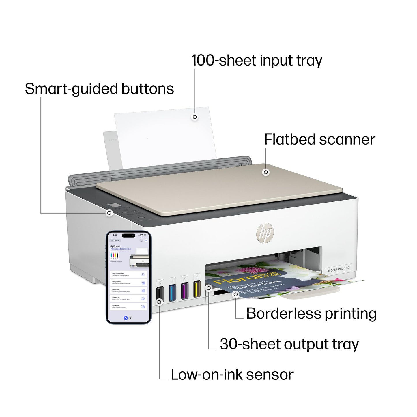 HP Smart Tank 5000 Wireless All-in-One Ink Tank Printer, Scanner, Copier with 2 Years of Ink Included, Best-for-Home, Cartridge-Free, Refillable, AI-Enabled, an EcoTank Alternative (5D1B6A)