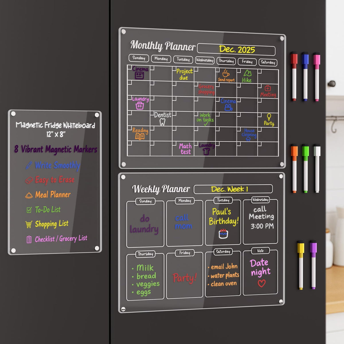Grtard 3 Pack Acrylic Calendar for Fridge, Magnetic Calendar for Refrigerator, 16"x12" Dry Erase Whiteboard Fridge Calendar,2026 Clear Monthly Weekly Daily Memo Planning Board with 8 Markers