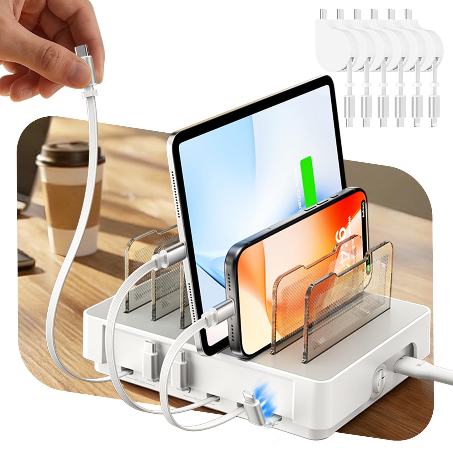 SooPii HomeHub H1 Charging Station for multiple devices,Upgraded 6-Port Desktop Fast Charger with 6 Retractable Cables（4*C+2*iP）,60W PD charger station for iPhone/Tablet,Tangle-Free Charging Organizer