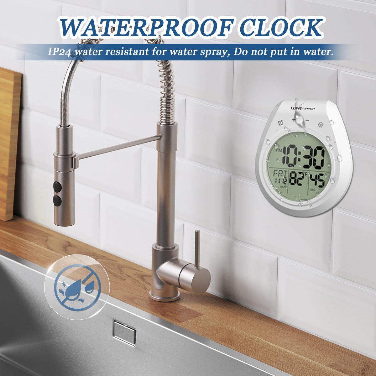 USAOSHOP Shower Clock Waterproof Bathroom Timer, Digital Wall Clock Kitchen Clock with Countdown, Touch Screen, Temperature, Calendar, Suction Cup Hanging Hole, for Spa Cook Bath
