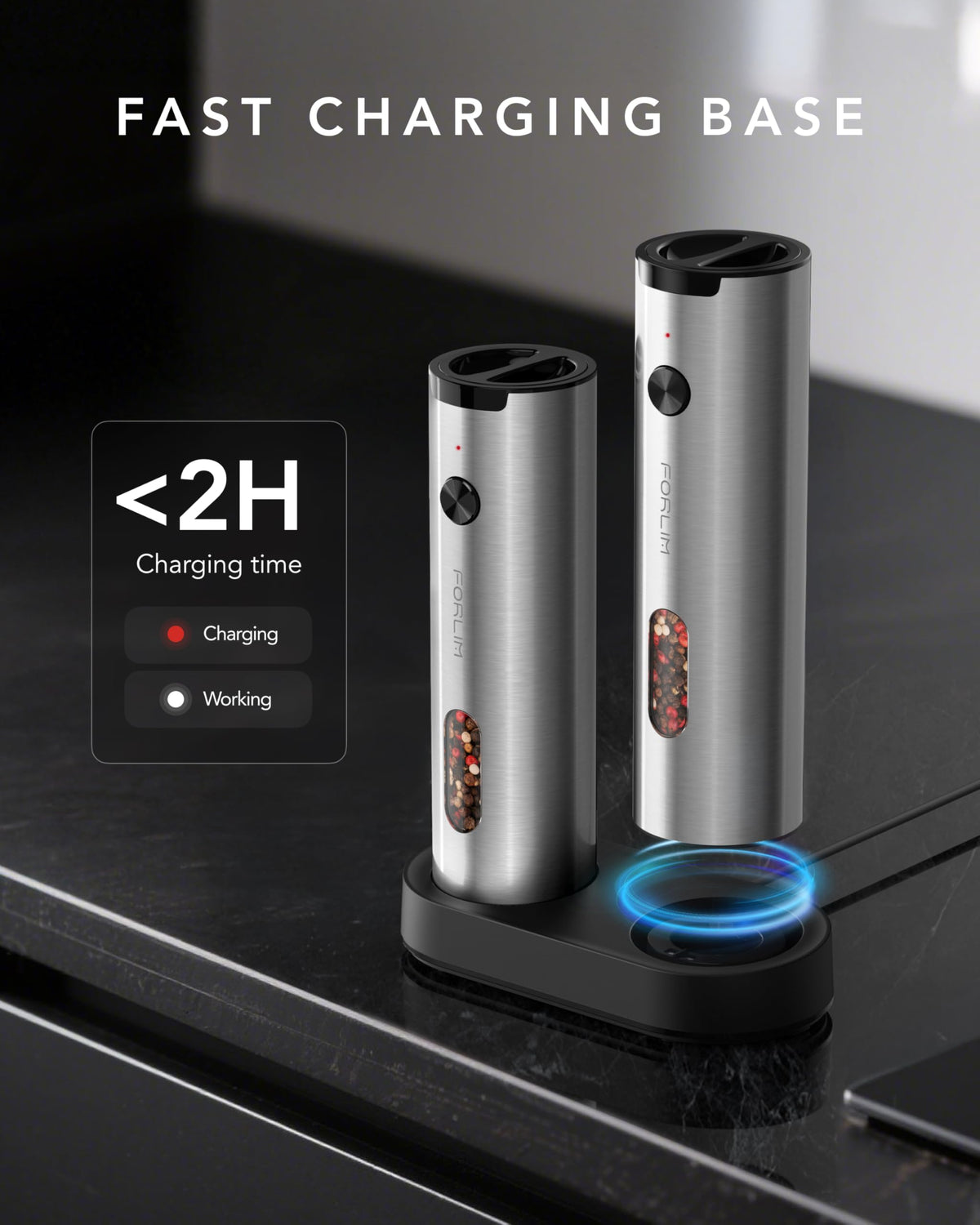 FORLIM Electric Salt and Pepper Grinder Set Rechargeable, Auto Salt and Pepper Grinder set with Charging Base, Adjustable Coarseness, LED Light, Automatic Salt Grinder Refillable,Pepper Shakers Set