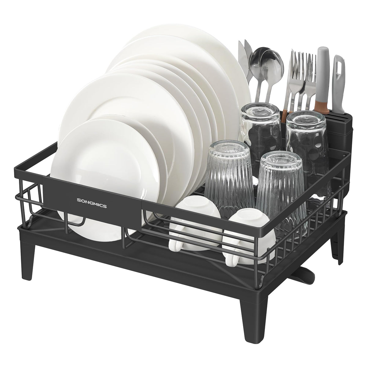 SONGMICS Dish Drying Rack, Kitchen Dish Rack with Drainboard, 360° Rotatable and Extendable Spout, with Cutlery Holder, 12.2 x 16.5 x 7.3 Inches, Ink Black UKCS550B01