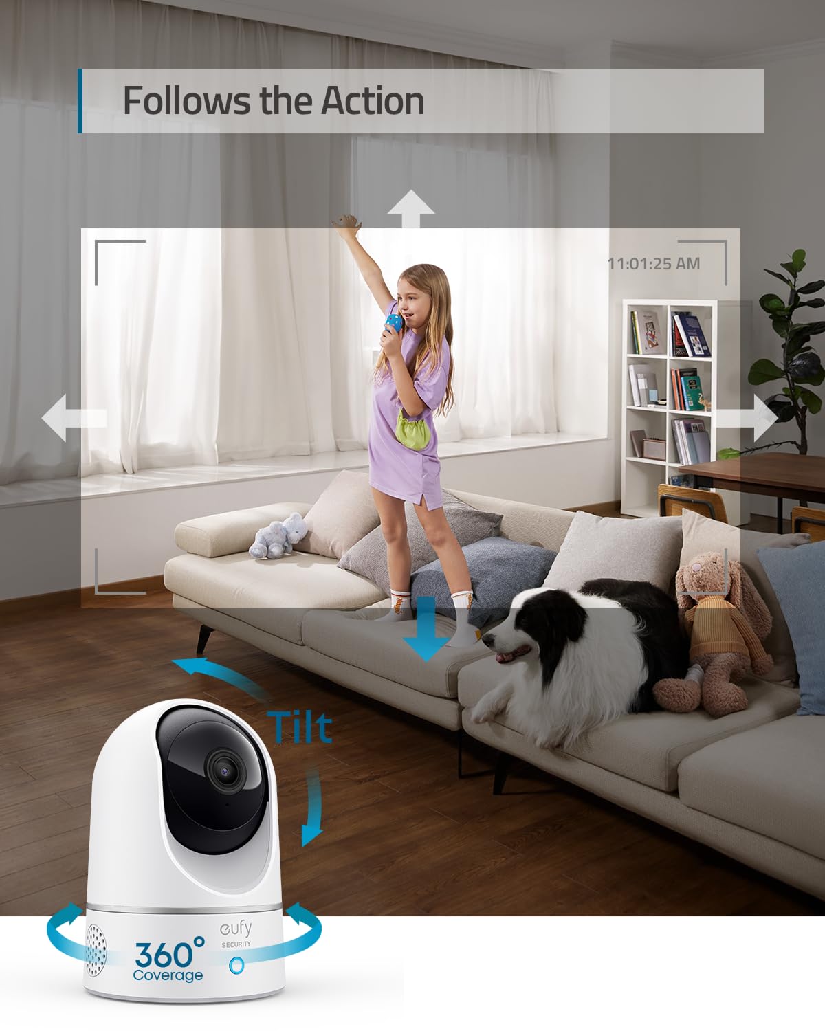 eufy Security Indoor Cam E220, Camera for home Security, Pan & Tilt, Dog/Pet Camera, 2K Wi-Fi Plug-in, Motion Tracking, Motion Only Alerts, Night Vision, HomeBase 3 Compatible, Voice Assistant Support