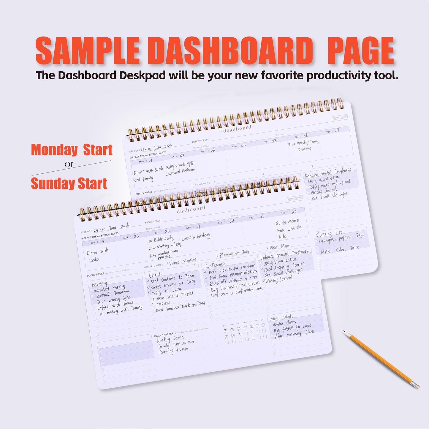 Weekly Desk Planner Monday Start - Dashboard Desk Pad Ideal for Project Manager, Business Owner, Freelancer, and Multitaskers to Achieve Goals - Spiral Productivity Journal