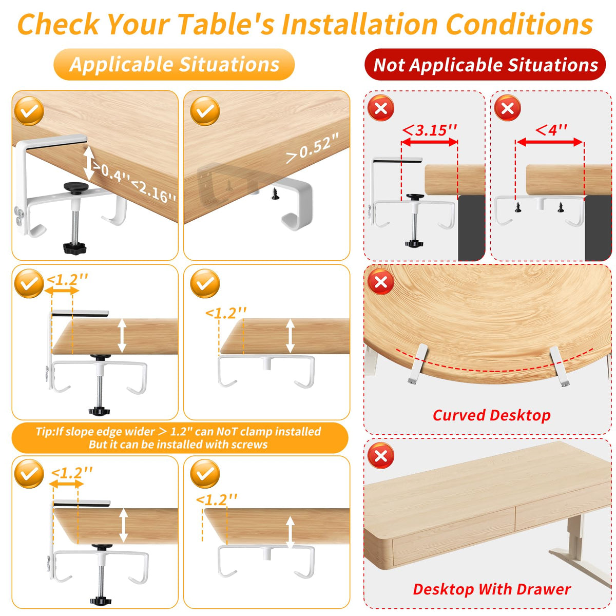 SUREUP9 Under Desk Cable Management Tray with Clamp, No Drill 36" Cord Organizer for Desk, Desk Cable Management Fabric Tray for Standing Desks, Ideal for Home & Office - White