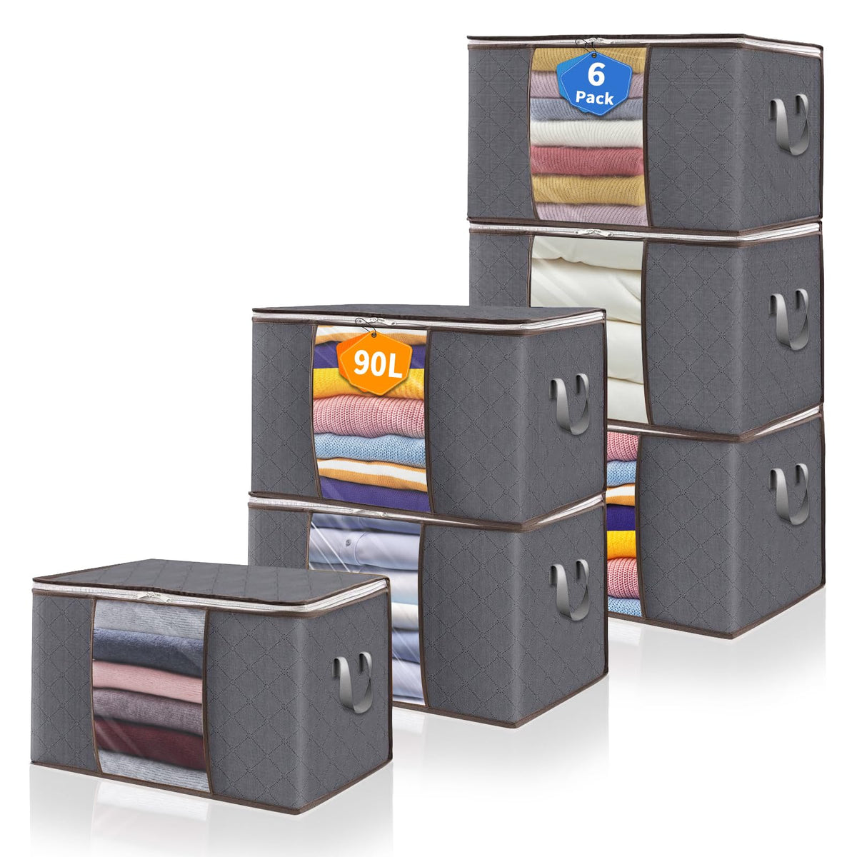 90L Clothes Blanket Storage Bags, 6 Pack Under Bed Storage Bins with Lids, Foldable Closet Organizer with Reinforced Handles for Clothing, Blanket, Comforters, Bed Sheets, Pillows and Toys, Gray