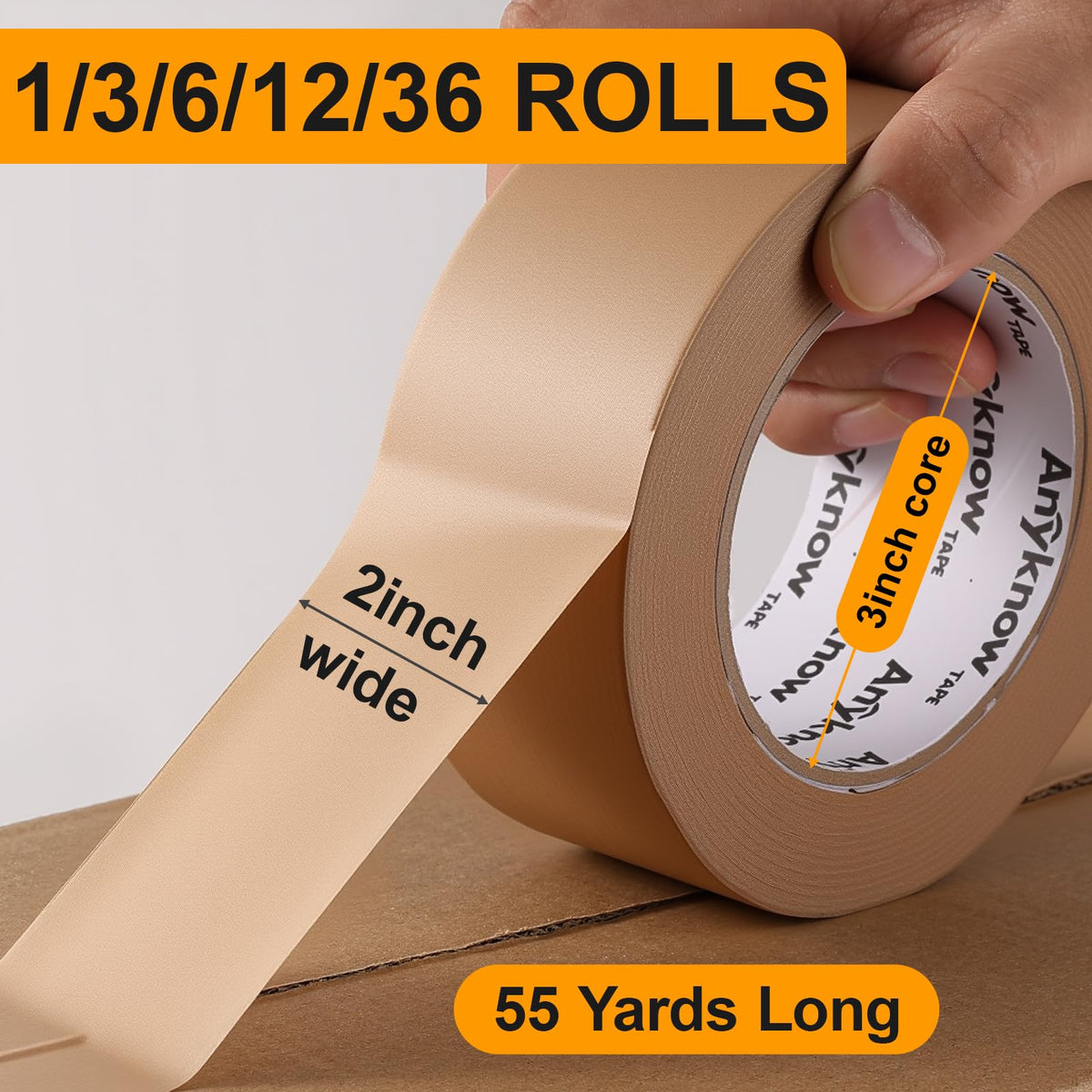 Anyknow Eco Friendly Moving Tape (3 Pack), 2 Inch x 55 Yards, Strong Self-Adhesive Kraft Paper Tape for Boxes, Writable & Hand Tearable, Natural Rubber Brown Shipping Tape, Plastic-Free