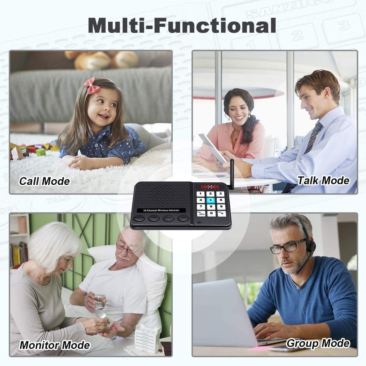 Intercoms Wireless for Home 1 Mile Long Range - GLCON 10 Channel 3 Code Wireless Intercom System for Buiness Office House Elderly - Room to Room Home Intercom Communication System (Pack of 4)