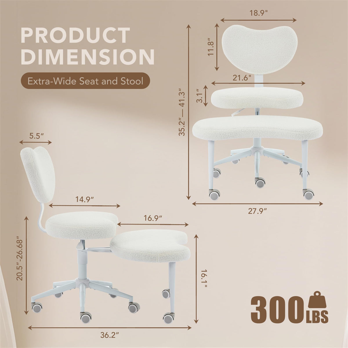 Ergonomic Cross Legged Chair with Wheels,360° Swivel Meditation Chair,ADHD Chair, Criss Cross Desk Chair with Lumbar Support and Adjustable Stool, Flexible Design for Fidgety Sitters, Ivory