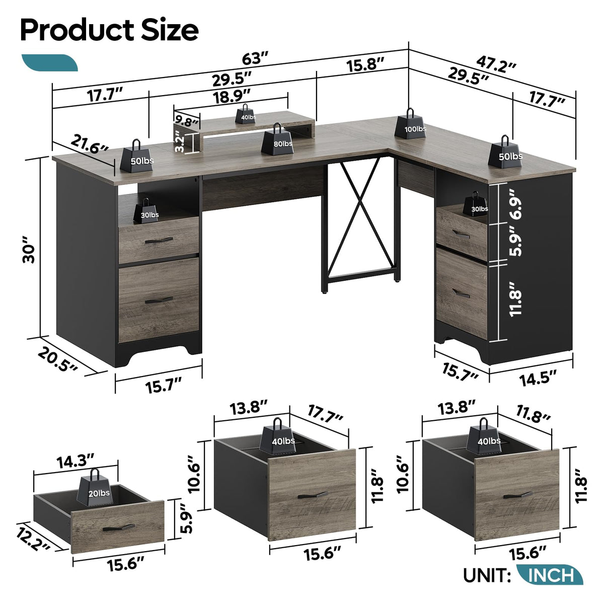 Bestier L Shaped Desk with 4 Drawers, 63" x 47" Executive Desk with Open Storage & Monitor Stand, Corner Desk with 2 File Drawers & Modesty Panel for Home Office, Gray